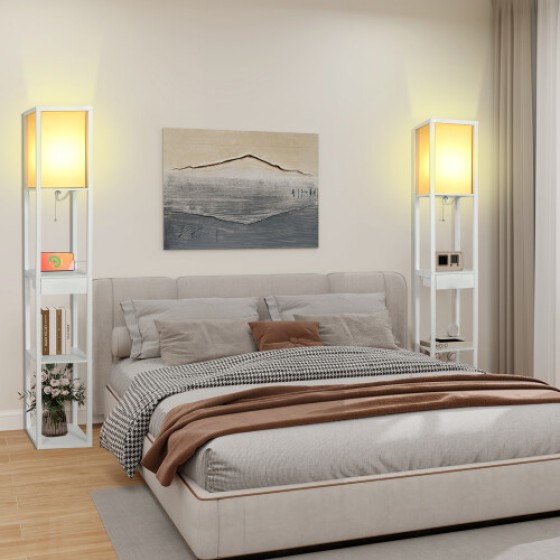 (White, with Bulbs, 2 USB Ports, Drawer) 3-Tier LED Floor Lamp with Wooden Storage Rack